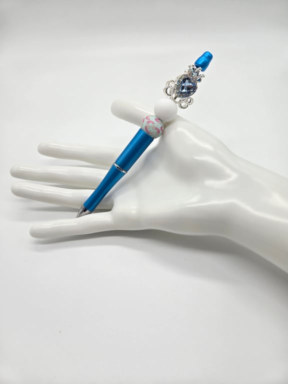 Sky Blue Ballpoint Pen with White, Pink, and Silver Beads and a Silver Crown Charm
