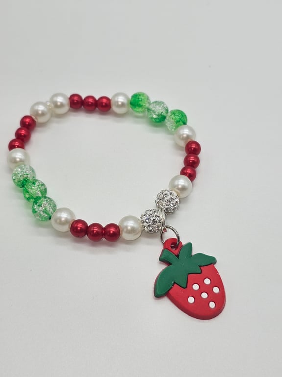 Red, Green, and White Beaded Bracelet with Strawberry Charm — photo 2