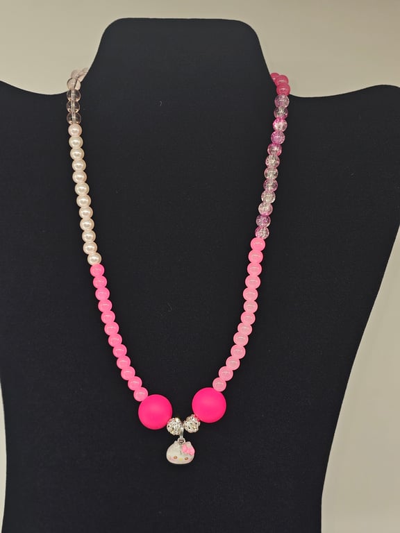 Pink and White Beaded Necklace with Hello Kitty Charm