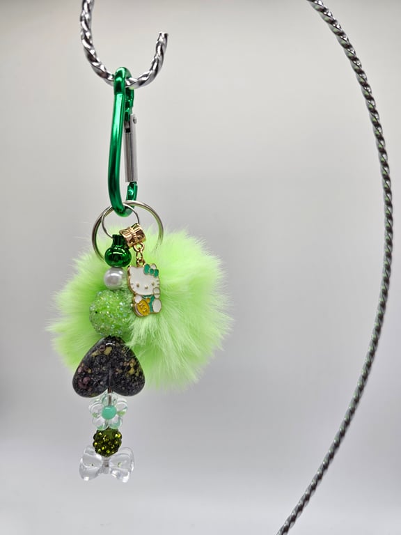 Green Pom-Pom Keychain with Charms