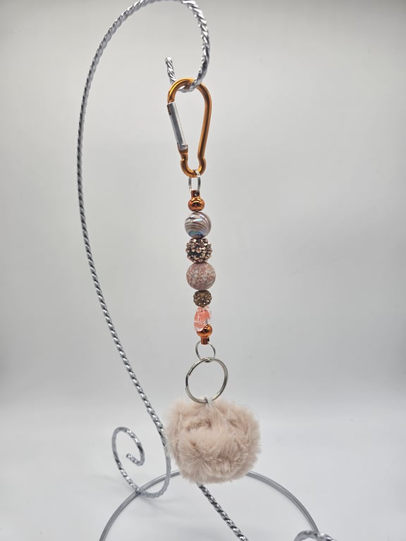 Neutral Pink Beaded Keychain with Pom-Pom and Silver Charm