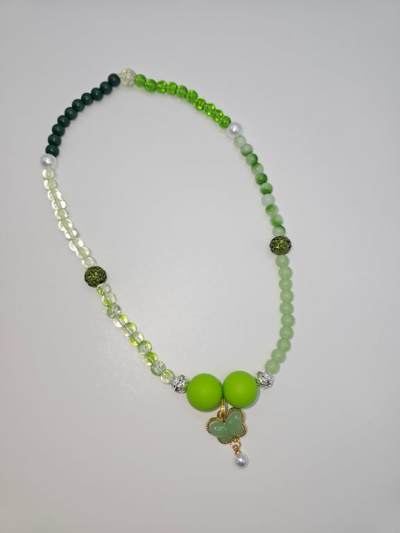 Pastel Green and White Beaded Necklace with Green Charm — photo 2