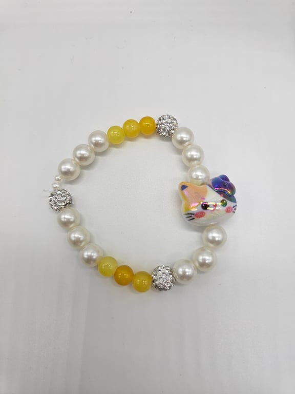 Pearl, Yellow and Silver Beaded Bracelet with Cat Charm — photo 2