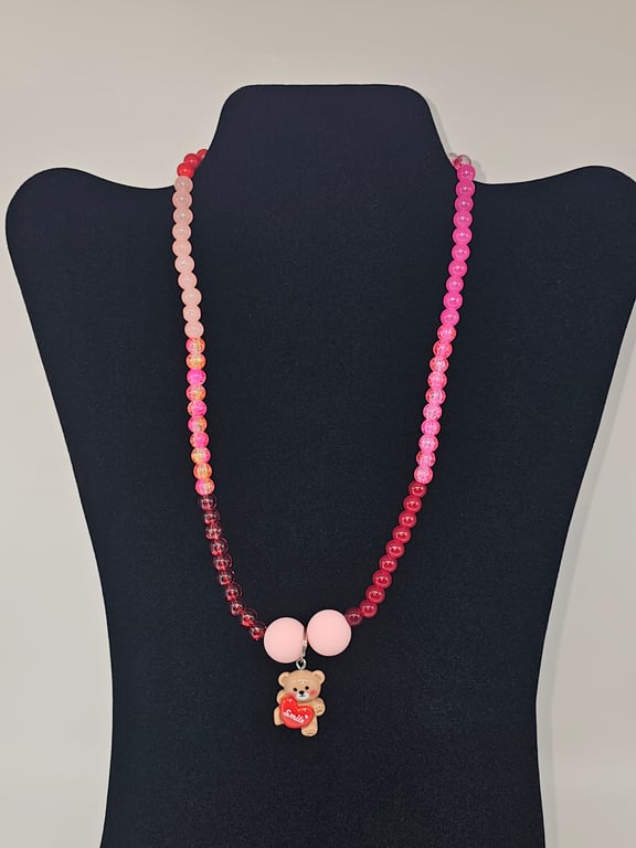 Pink Beaded Necklace with Bear Charm