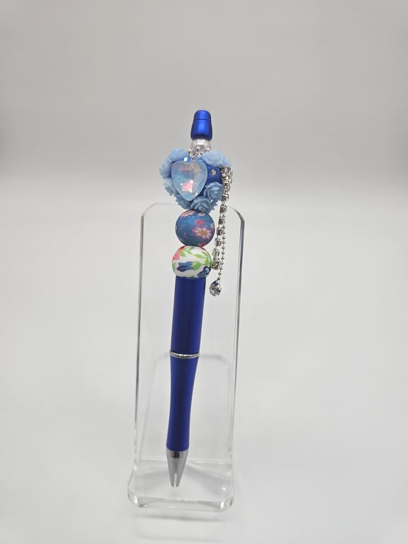 Royal Blue Ballpoint Pen with Crystal Heart and Beaded Accents