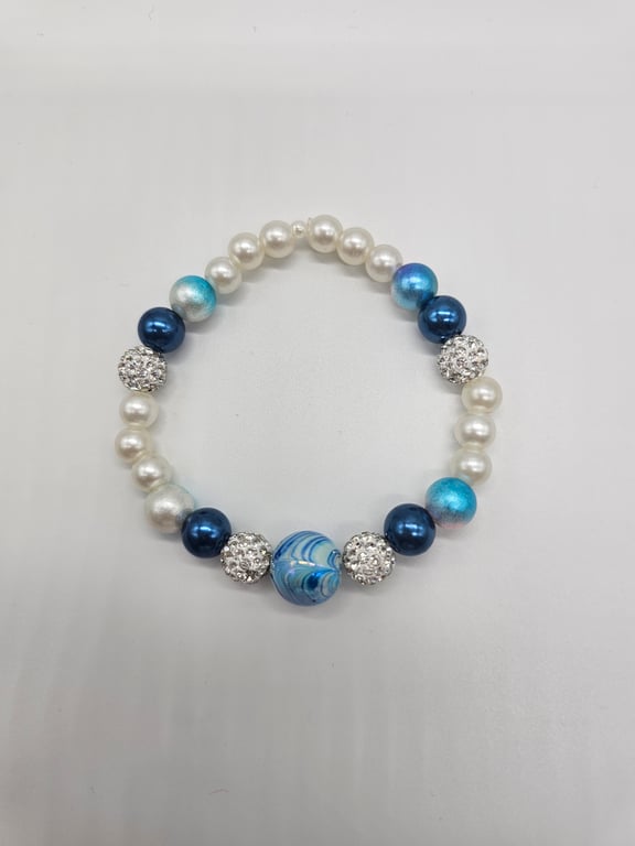 Sky Blue and Pearl Beaded Stretch Bracelet — photo 2