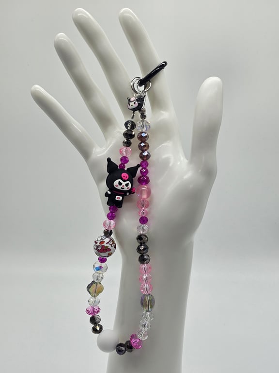Pink and Black Beaded Keychain with Kuromi Charm