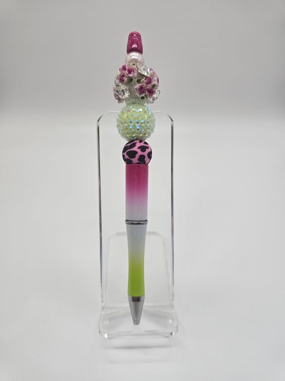 Pink and Green Beaded Pen with a Silver Charm