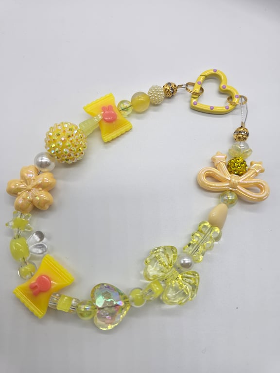 Chunky Yellow and Clear Beaded Phone Wristlet with Yellow and Pink Focal Beads — photo 2