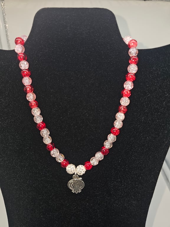 Candy Red and Clear Beaded Necklace with Silver Pomegranate Charm