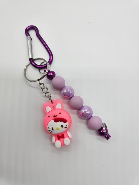 Pink and Purple Beaded Keychain with a Pink Hello-Kitty Charm — photo 2