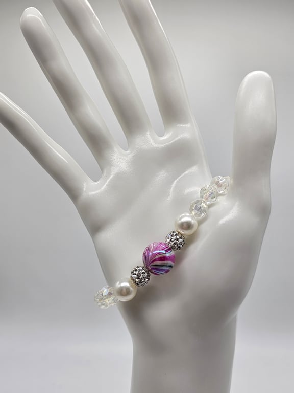 Purple and White Beaded Stretch Bracelet