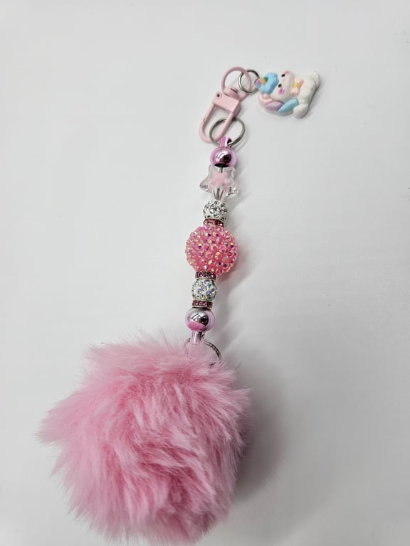 Pink and Silver Beaded Keychain with Pink Pom-Pom and Unicorn Charm — photo 2