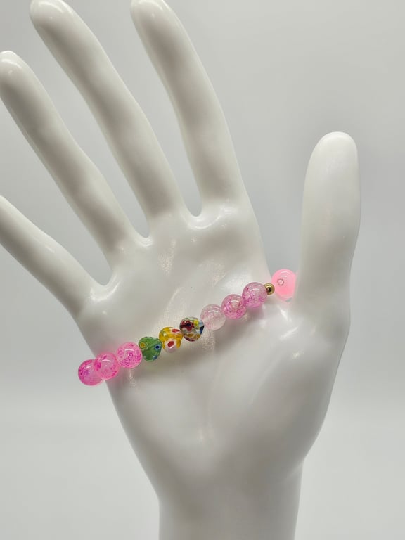 Pink and Green Beaded Stretch Bracelet
