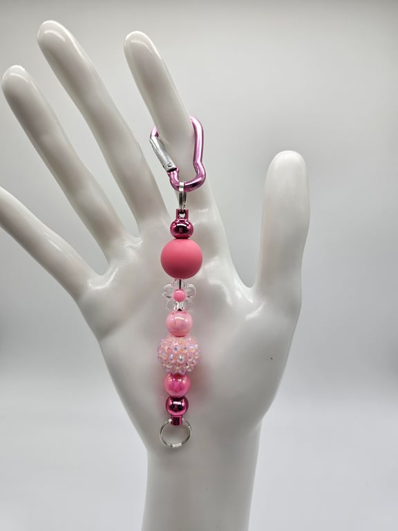 Pink and Clear Beaded Keychain with Silver Charm