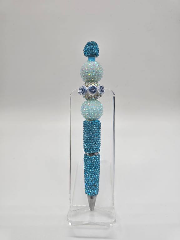 Sky Blue and White Beaded Ballpoint Pen