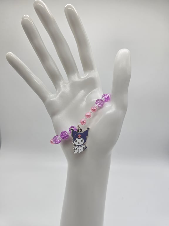 Kuromi Pink and Purple Beaded Stretch Bracelet