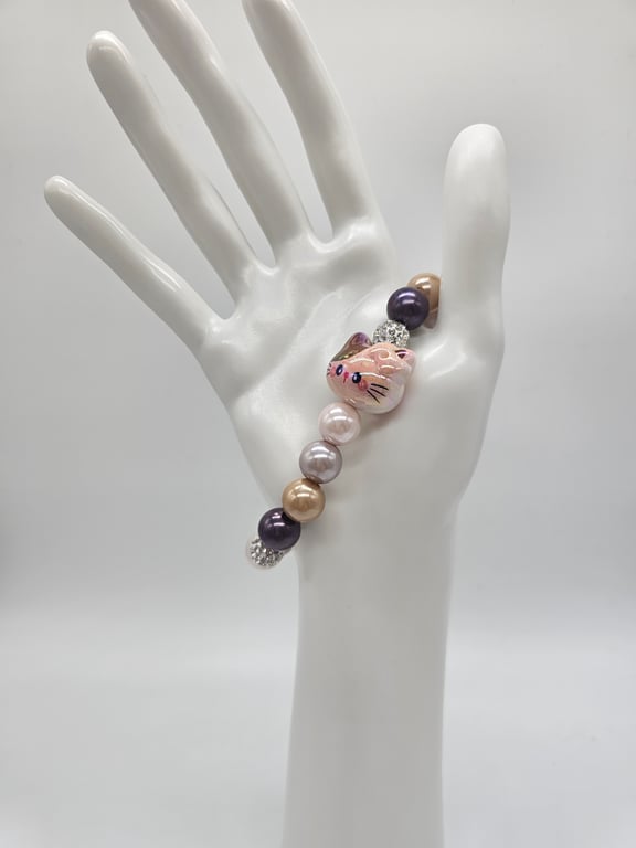 Dark Purple and Gold Beaded Bracelet with Cat Charm
