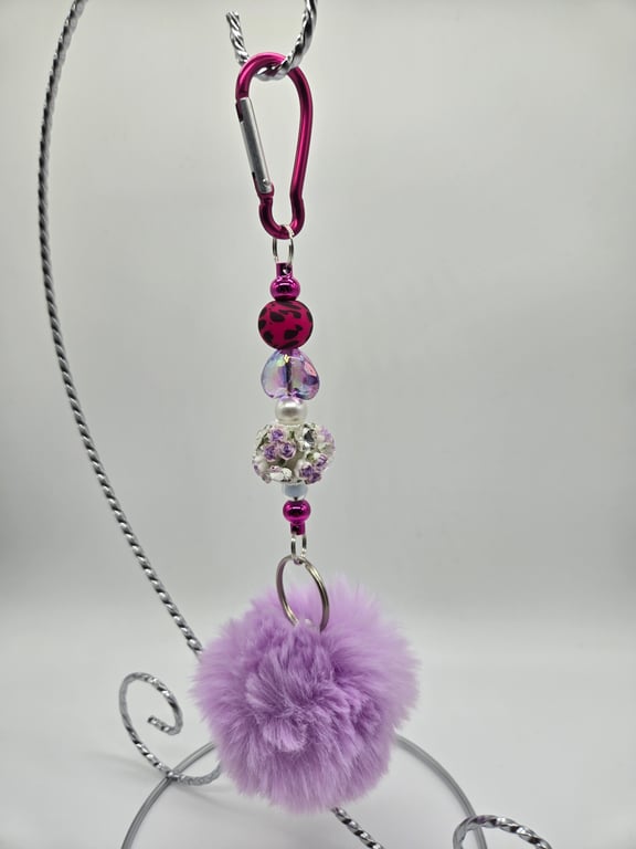 Purple Beaded Keychain with Lilac Pom-Pom