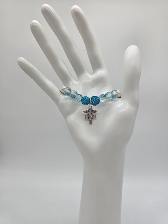 Sky Blue and Silver Beaded Charm Bracelet