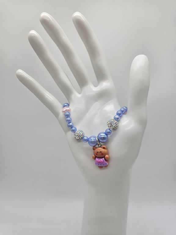 Lavander and Silver Bracelet with a Brown Bear Charm