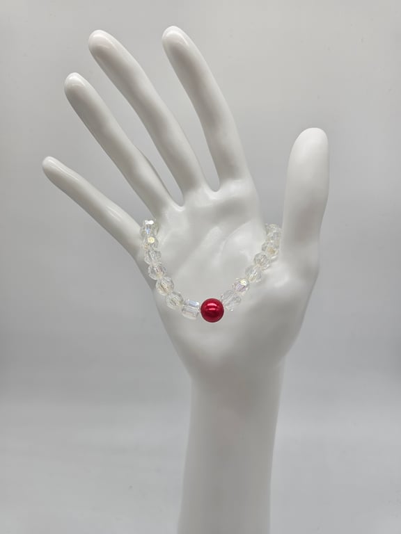 Clear and Red Beaded Stretch Bracelet