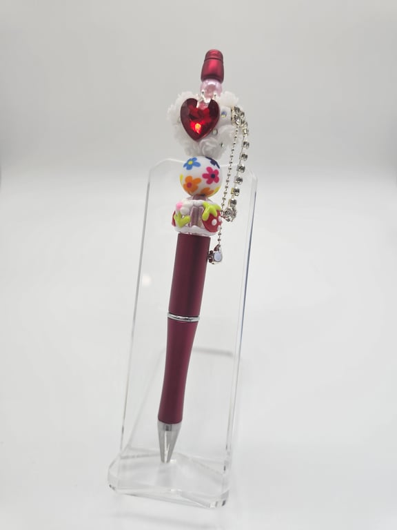 Ruby Red Ballpoint Pen with Floral Beads and Heart Charm