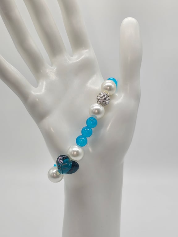 Sky Blue and White Beaded Bracelet with Silver Charms — photo 1