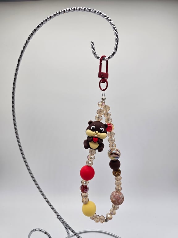 Beaded Red and Yellow Keychain with a Brown Beaver Charm