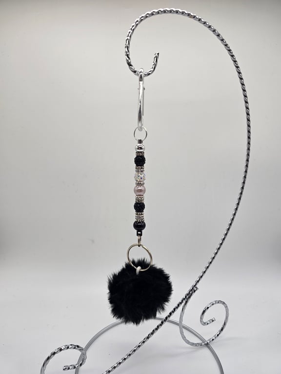 Black Beaded Keychain with Pom-Pom