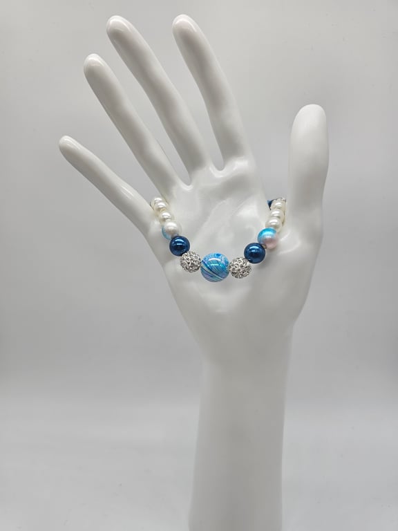Sky Blue and Pearl Beaded Stretch Bracelet