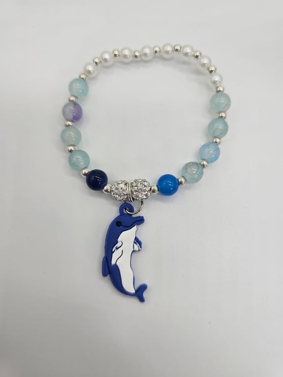 Sky Blue and Navy Beaded Dolphin Charm Bracelet — photo 2