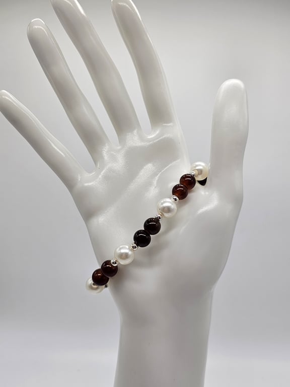 Silver, White, and Brown Beaded Bracelet