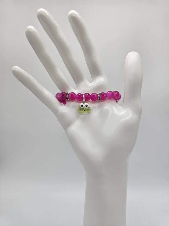 Hot Pink Beaded Bracelet with Frog Charm