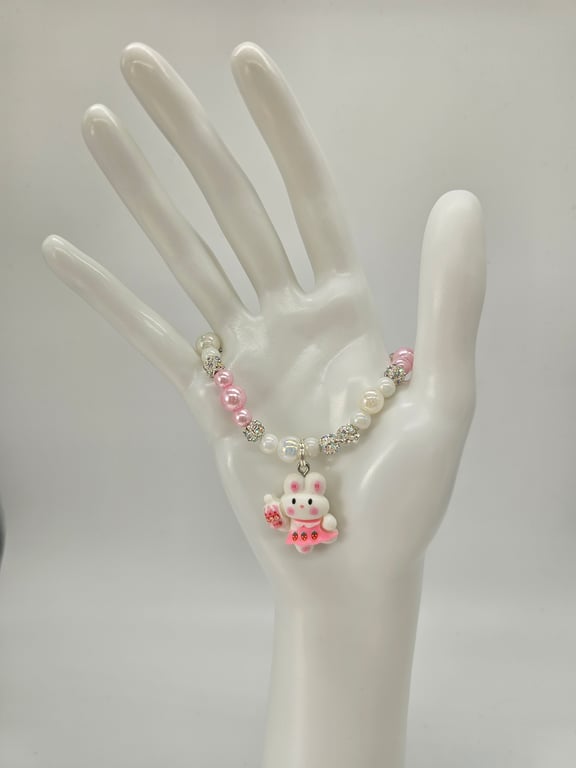 Pink and White Pearl Bunny Charm Bracelet