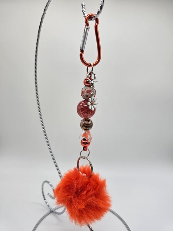Rose Gold Beaded Keychain with Coral Pom-Pom