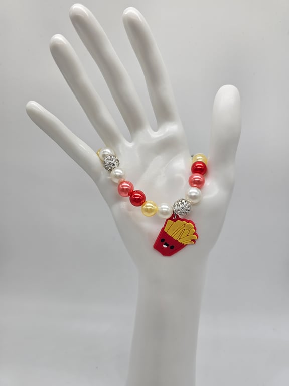 Red and Gold Beaded Bracelet with French Fries Charm