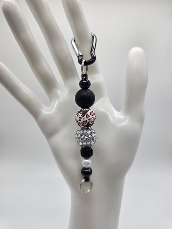 Black and White Beaded Keychain with Hearts