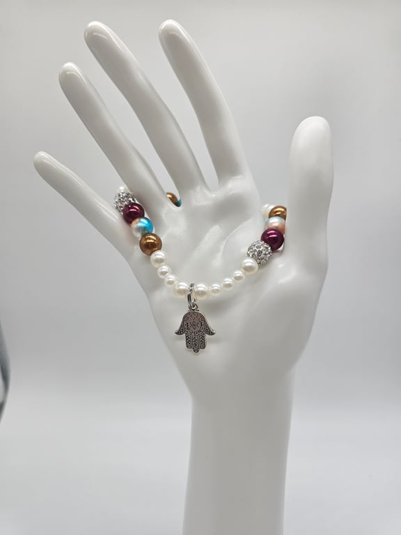 Purple and Gold Pearl Hamsa Hand Bracelet