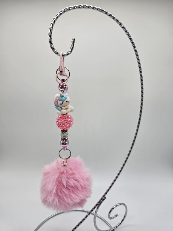 Pink and Silver Beaded Keychain with Pink Pom-Pom and Unicorn Charm — photo 1