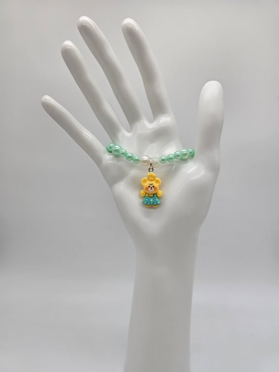 Mint Jade and White Beaded Bracelet with Yellow and Blue Teddy Bear Charm