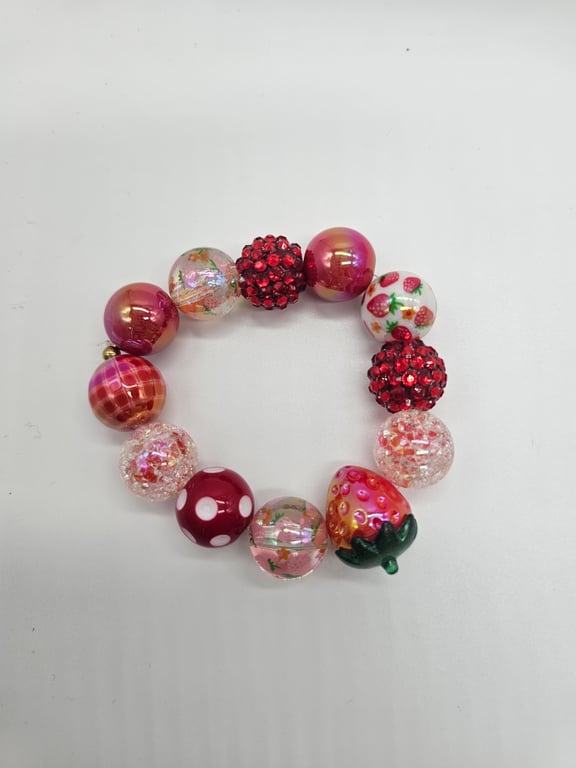 Strawberry Red and Pink Glass Beaded Stretch Bracelet — photo 2