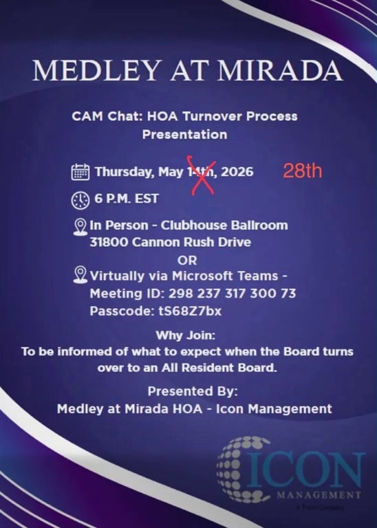 CAM Chat: HOA Turnover Process Presentation — Thursday May 28 2026 6PM Clubhouse Ballroom or Microsoft Teams