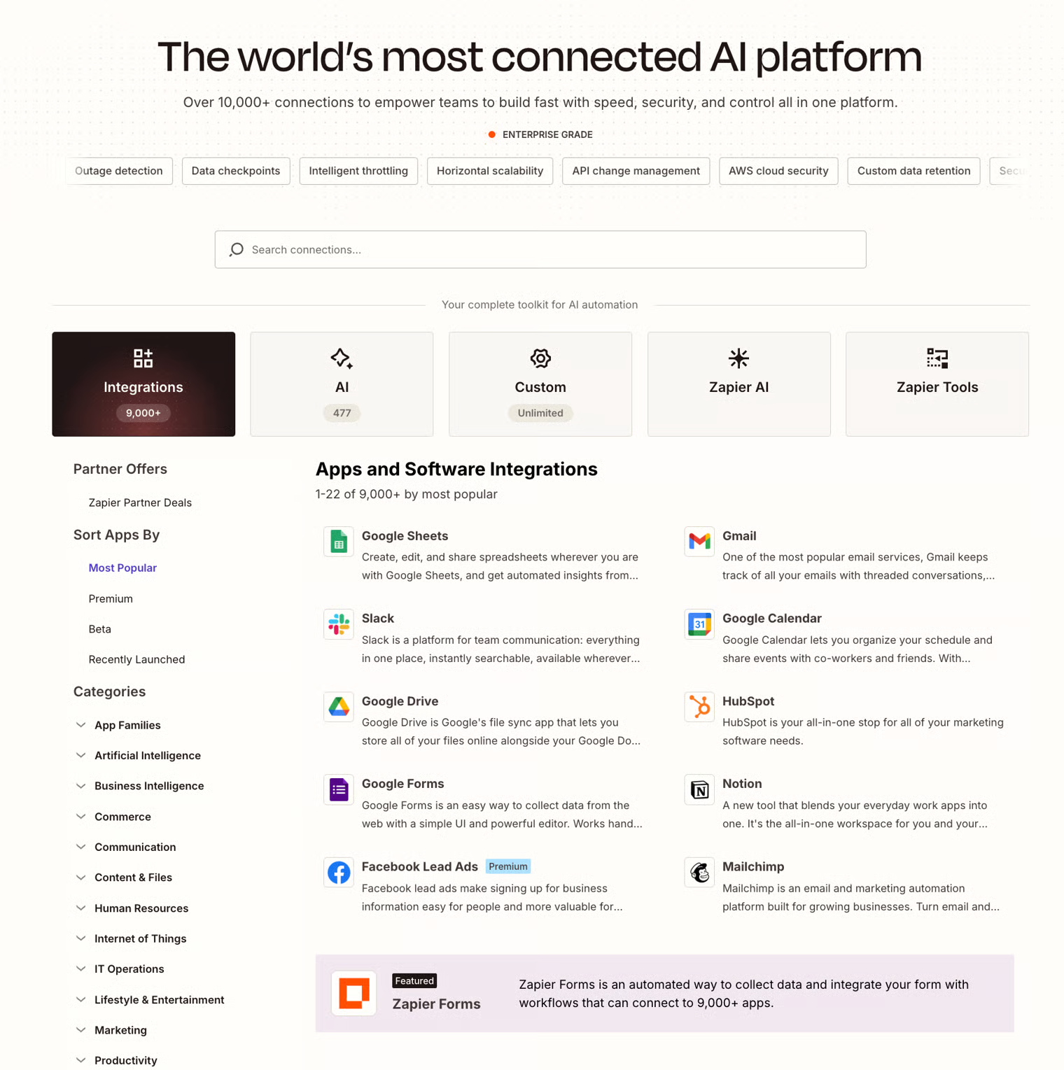 Zapier's integrations directory showing over 9,000 app connections, including Google Sheets, Gmail, Slack, Google Calendar, and Notion