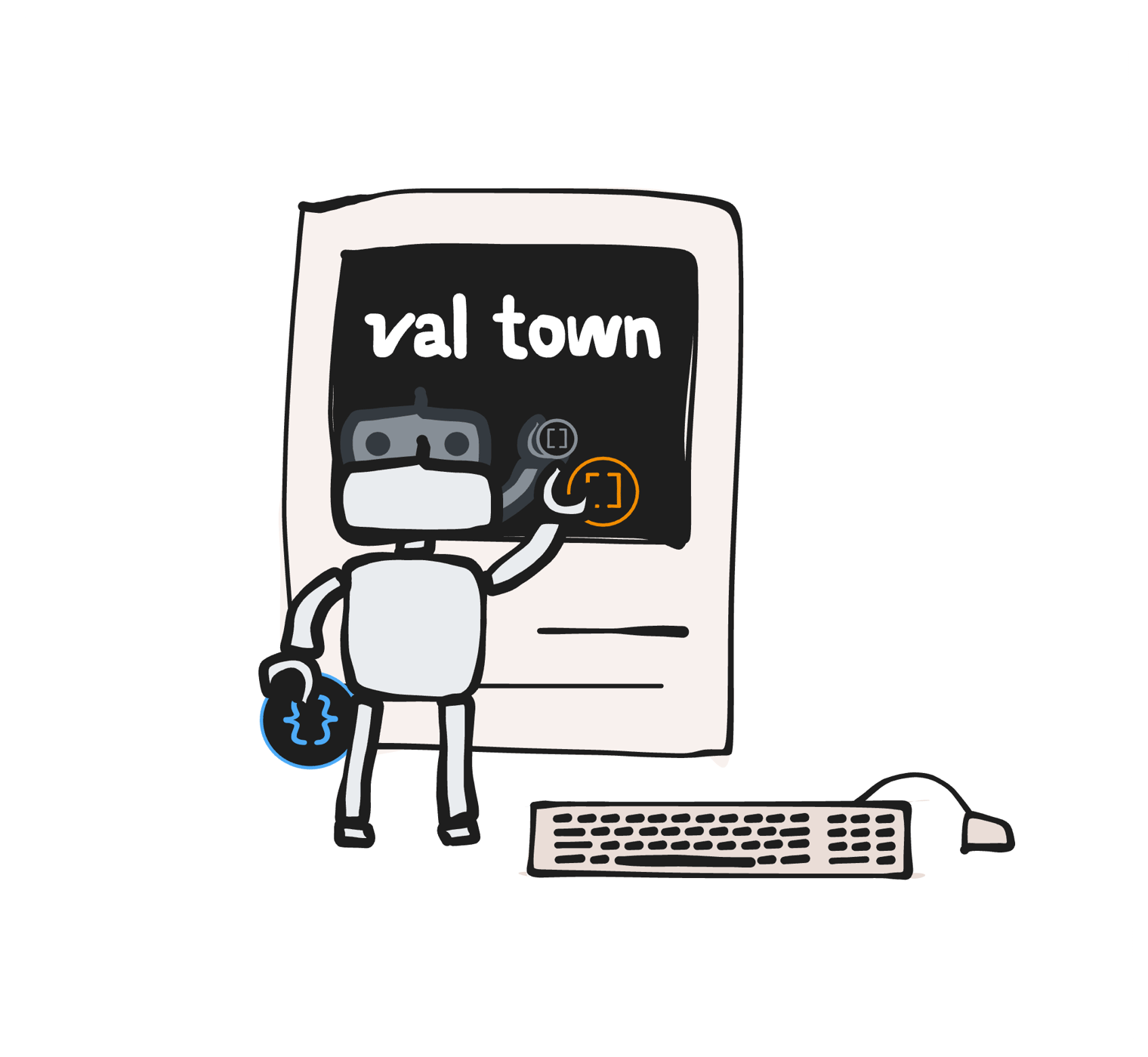 doodle of Townie robot at an old fashioned computer