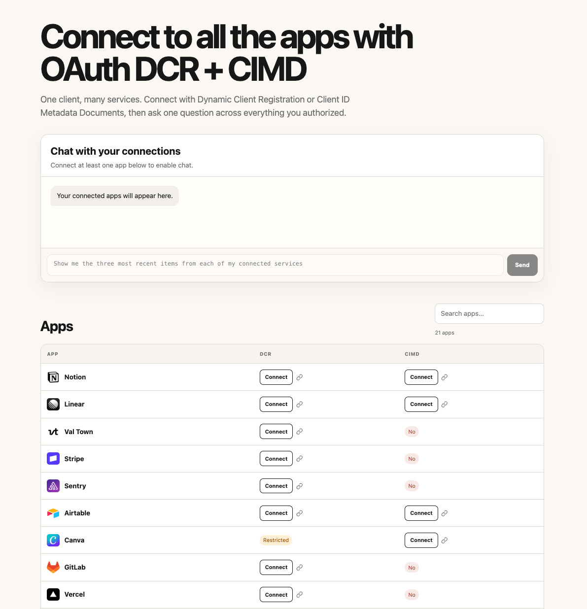 Demo app of 21 DCR or CIMD connections