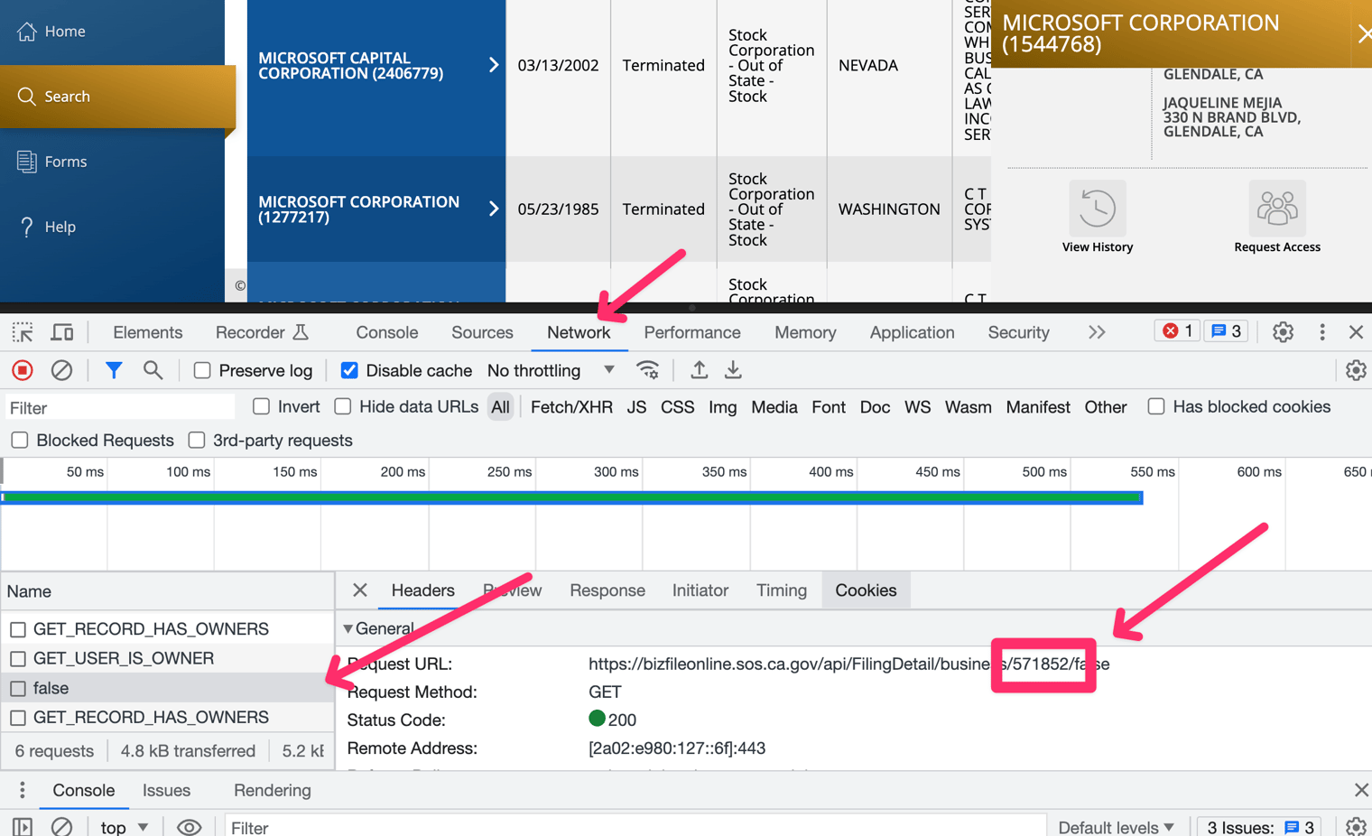 Browser inspector tools showing the number you need to copy for this API request