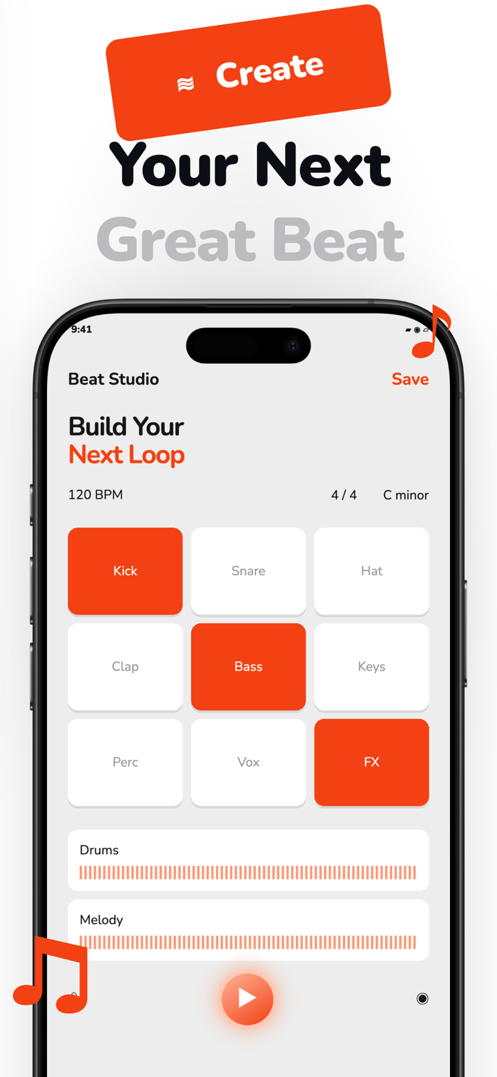 Beat Closeup app screenshot template preview, screen 5 of 5, Music design