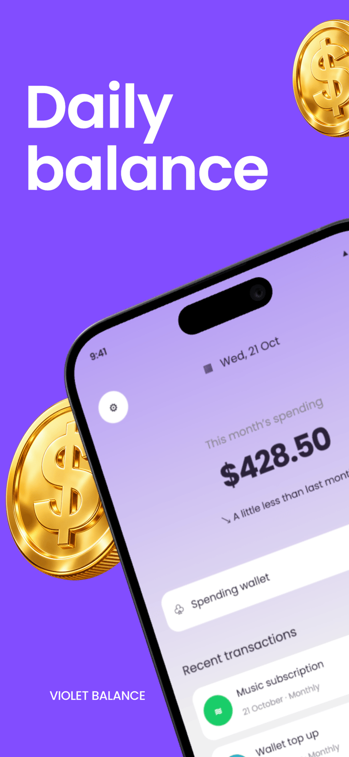 Violet Balance app screenshot template preview, screen 1 of 5, Finance design