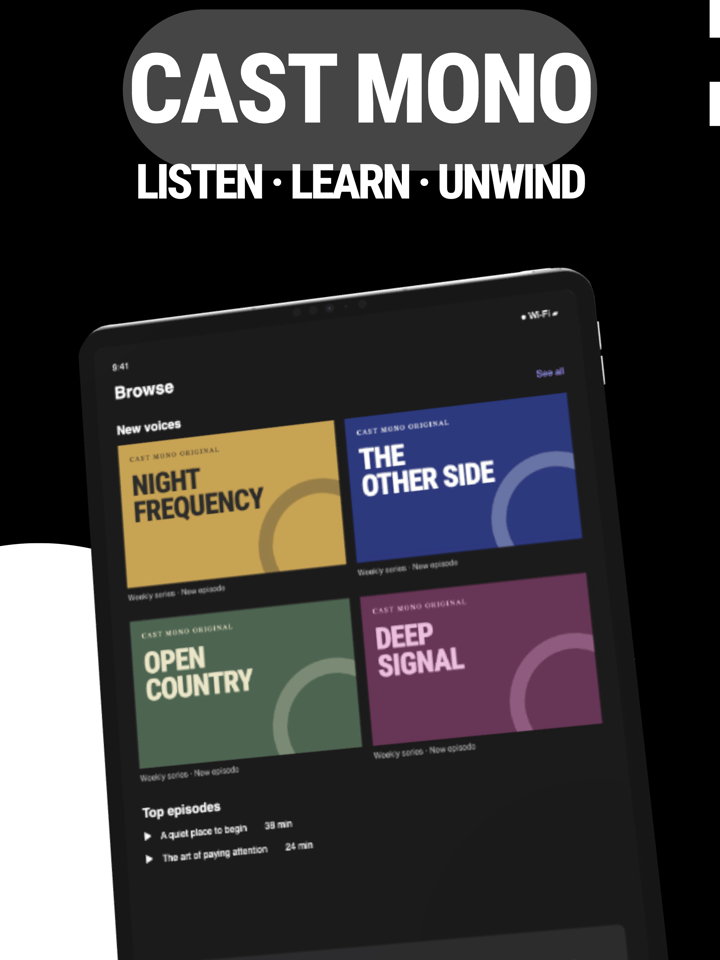 Cast Mono app screenshot template preview, screen 1 of 5, Music design